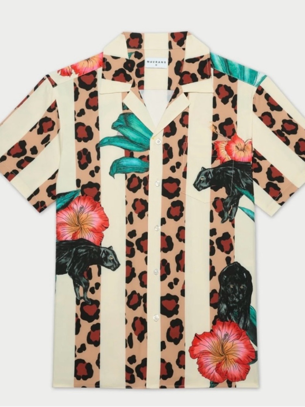 Mavrans Cream Floral & Leopard-Stripe Short Sleeve Shirt, Size Small